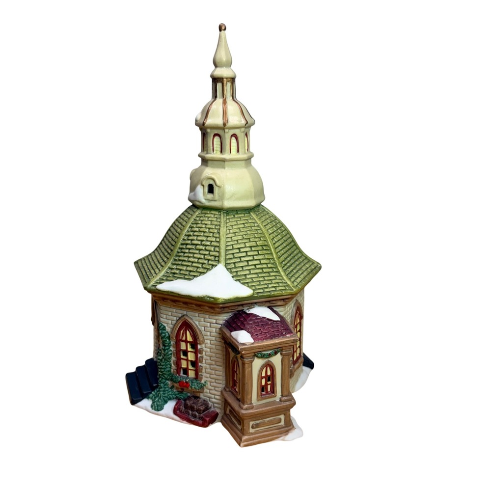 Vintage 1999 Christmas Church Village Building Green Cream Retro Holiday Decor - Picture 2 of 12